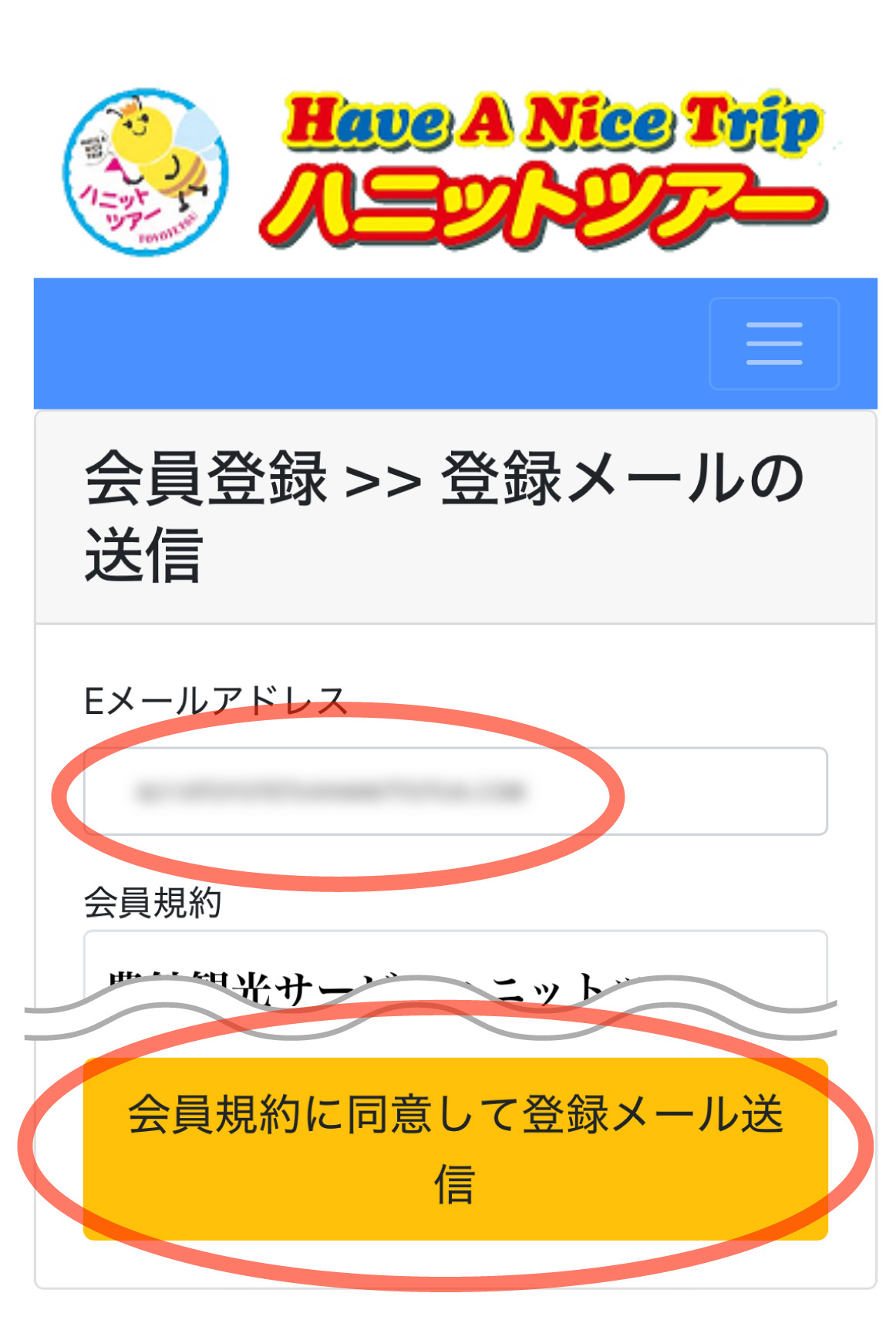 ハニットツアーサイト会員登録ページのメール登録画面