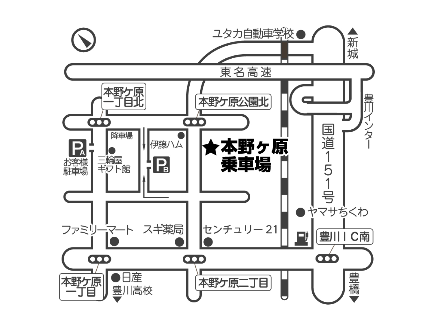 豊川本野ケ原駐車場・バス乗り場マップ