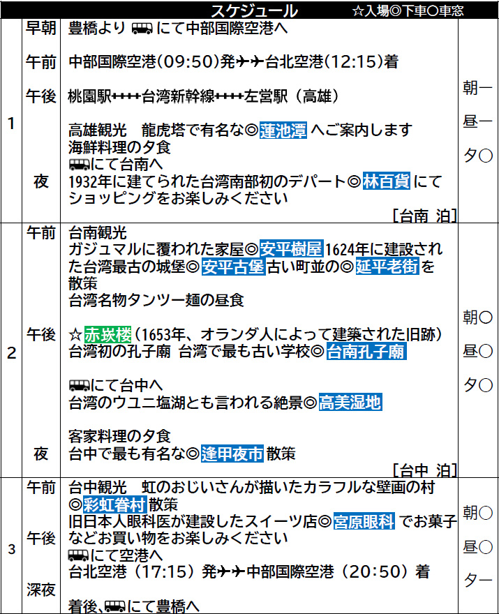 ”早春”台湾の旅 3日間コースのスケジュール